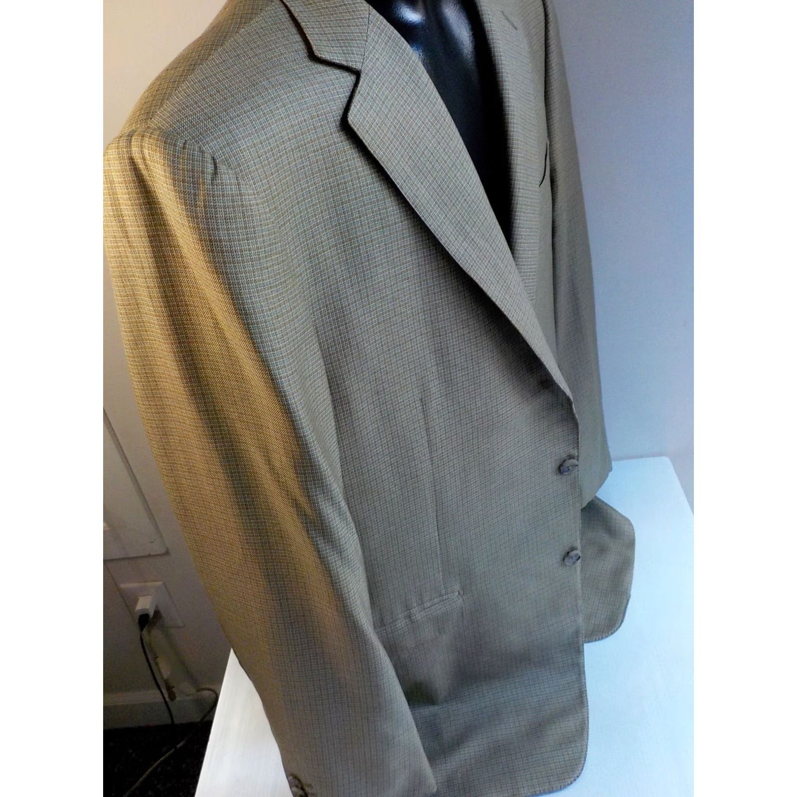 Ermenegildo Zegna VINTAGE Ermenegildo Zegna Blazer Silk Wool 2 Button Check Single-Breasted Long Beige Pale Blue Ivory Mens 46L Size 46R - 3 Thumbnail
