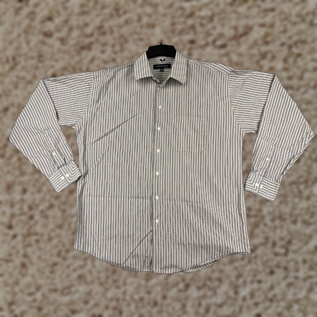 Kenneth Cole Kenneth Cole Mens Dress Shirt 16.5 Beige Vertical Striped Cotton Button-Up Long Sleeve Regular Fit Size US L / EU 52-54 / 3 - 1 Thumbnail