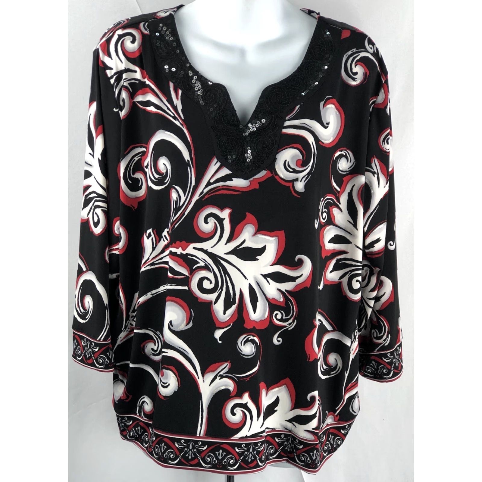 Vintage Alfred Dunner Tunic Top PXL Blk/red Mod Geo Sequin V-Neck 3/4 Sleeve Women Size XL / US 12-14 / IT 48-50 - 5 Thumbnail