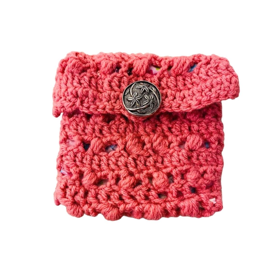 Pinko Handmade Crochet Pouch Pink Lined Floral Accessory Silvertone Button Closure 5.5" h x 5" w Clutch Women Size ONE SIZE - 2 Thumbnail