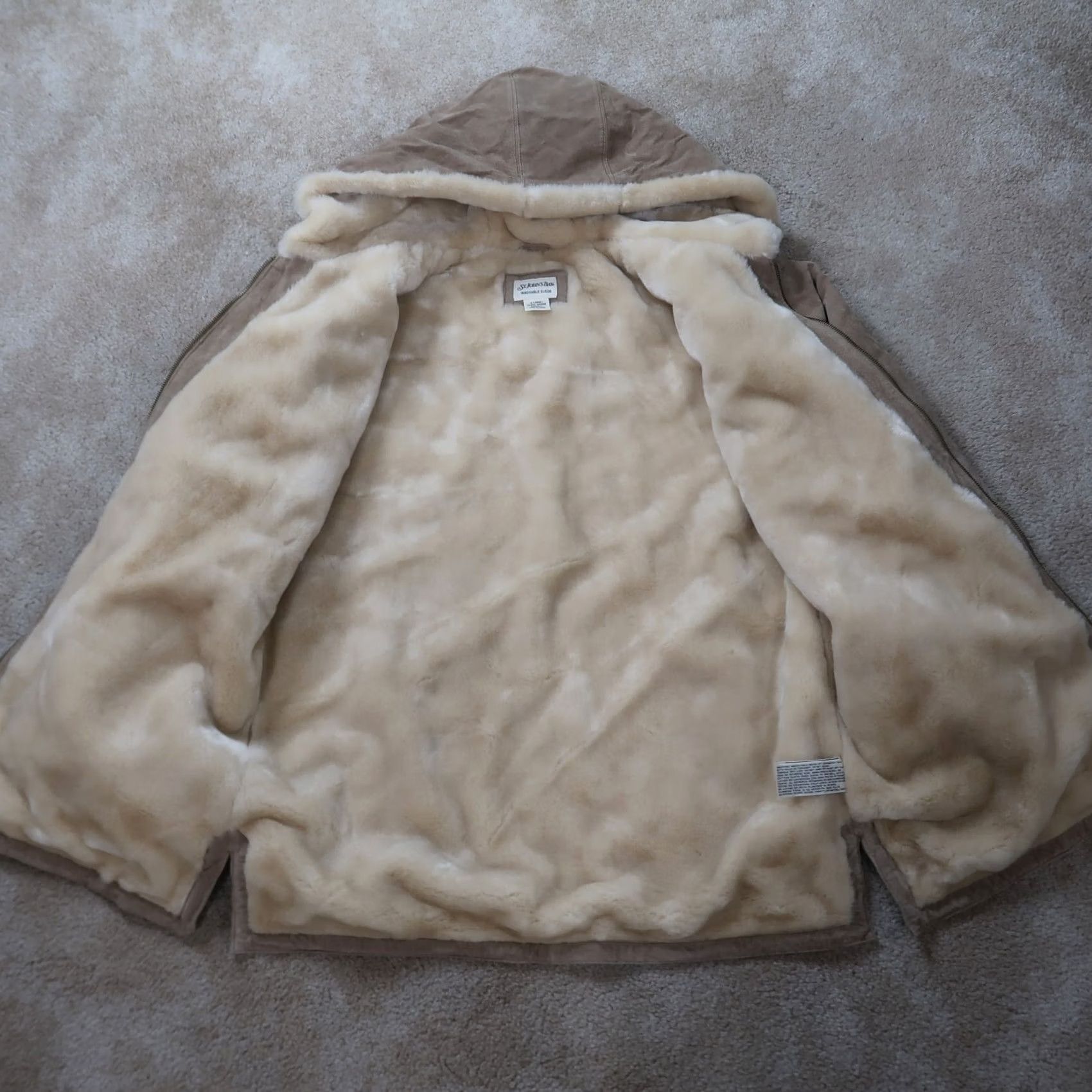 Vintage St Johns Bay Coat Jacket Womens Large Tan Suede Leather Washable Lined Zip Hooded Mid-Length Size L / US 10 / IT 46 - 6 Thumbnail