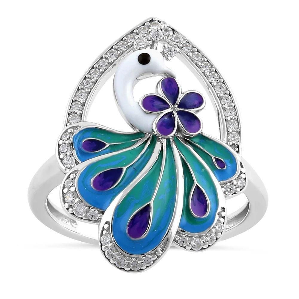 Other Sterling Silver Hand-Painted Multi-Colored Peacock Ring Size ONE SIZE - 2 Thumbnail