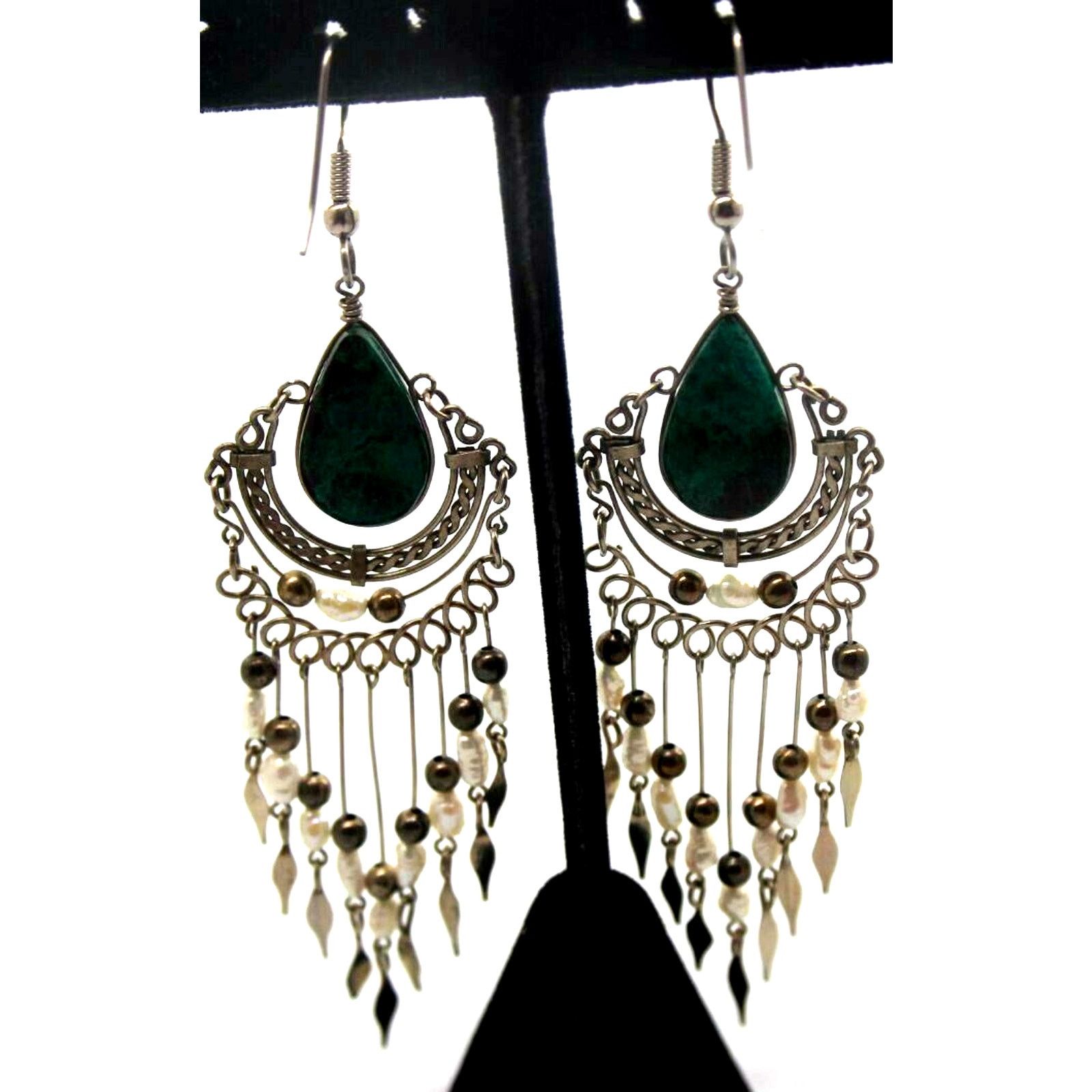 Other Freshwater Pearl Malachite Dangle Earrings Silvertone 3-1/2" Size ONE SIZE - 3 Thumbnail