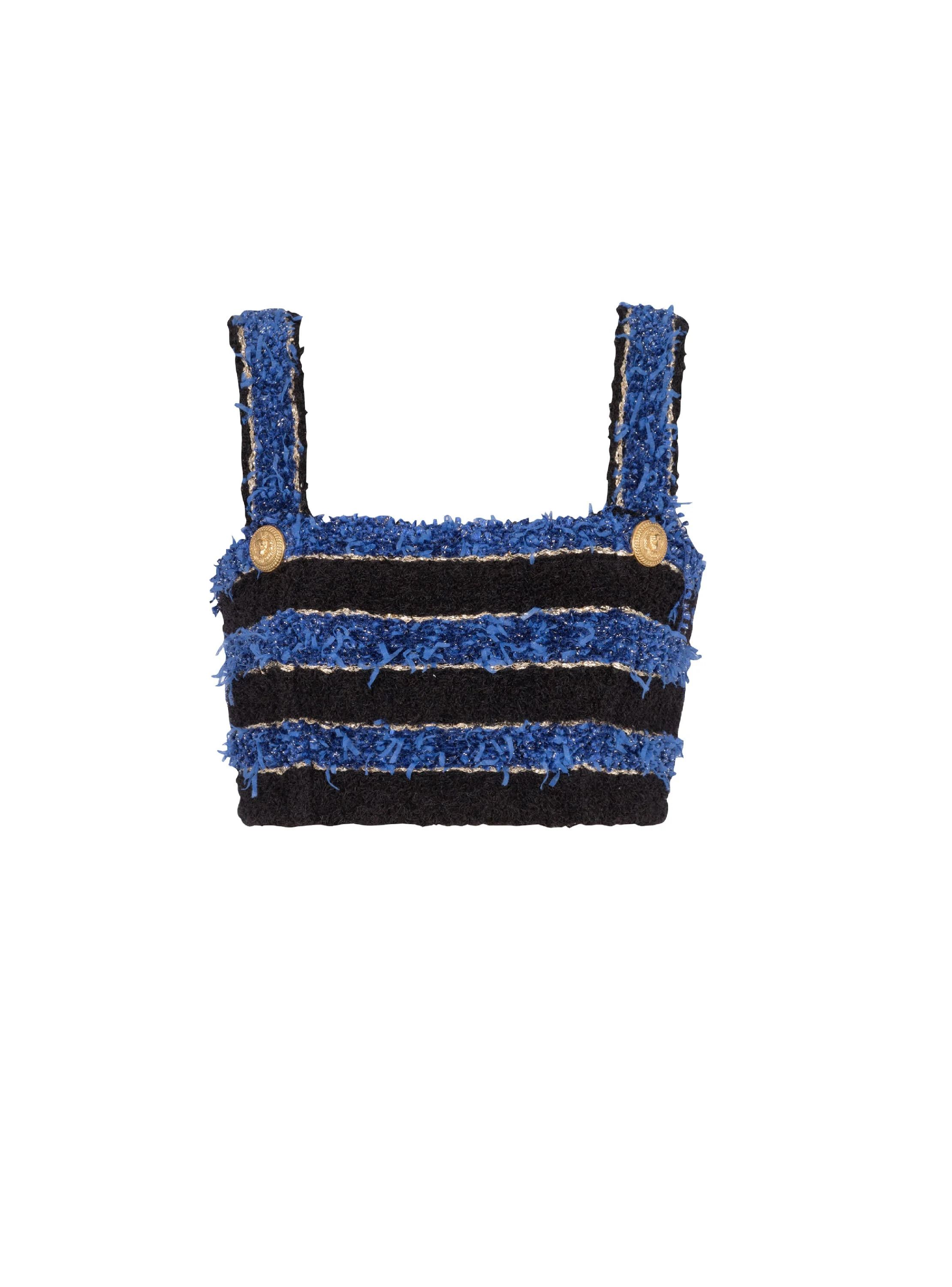 o1srvl11e0524 Striped Tweed Bra Top in Black Blue