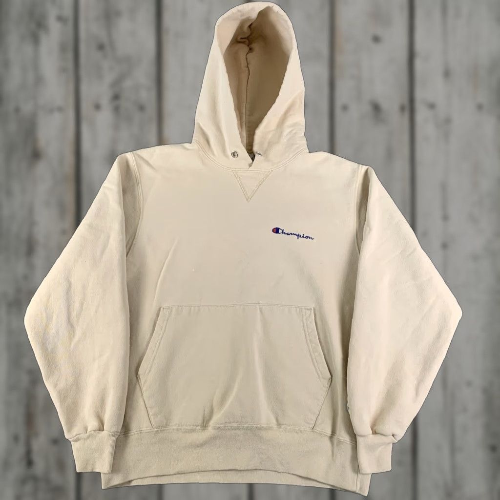 VINTAGE Champion Hoodie Sweatshirt Pullover Beige M USA Spell Out Rare Color Mens Hoodie 90s Sports Basketball Football Baseball Cross Training