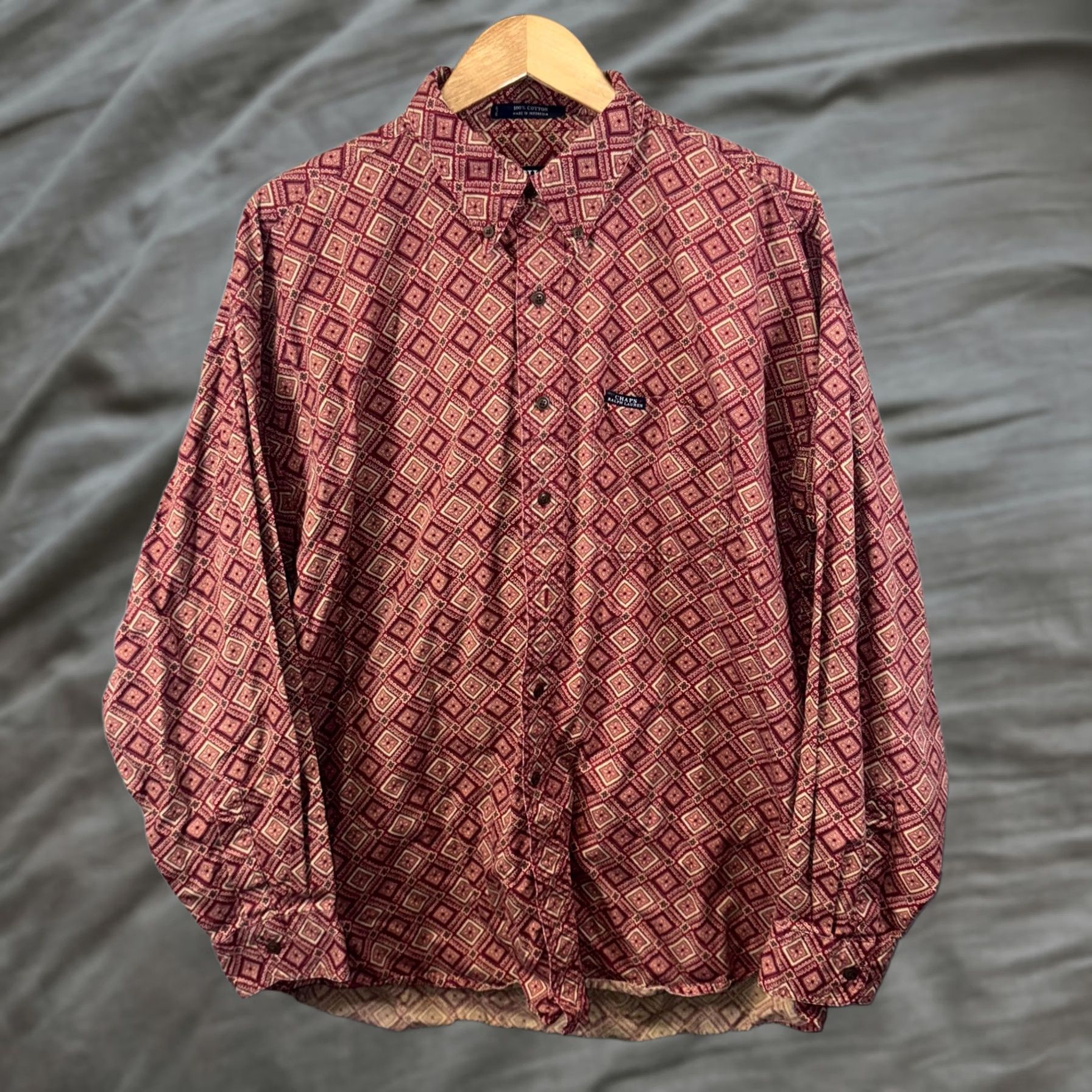 Chaps Chaps Ralph Lauren Shirt Mens XL Red Geometric Diamond Print Cotton Long Sleeve Shirt Size US XL / EU 56 / 4 - 1 Thumbnail