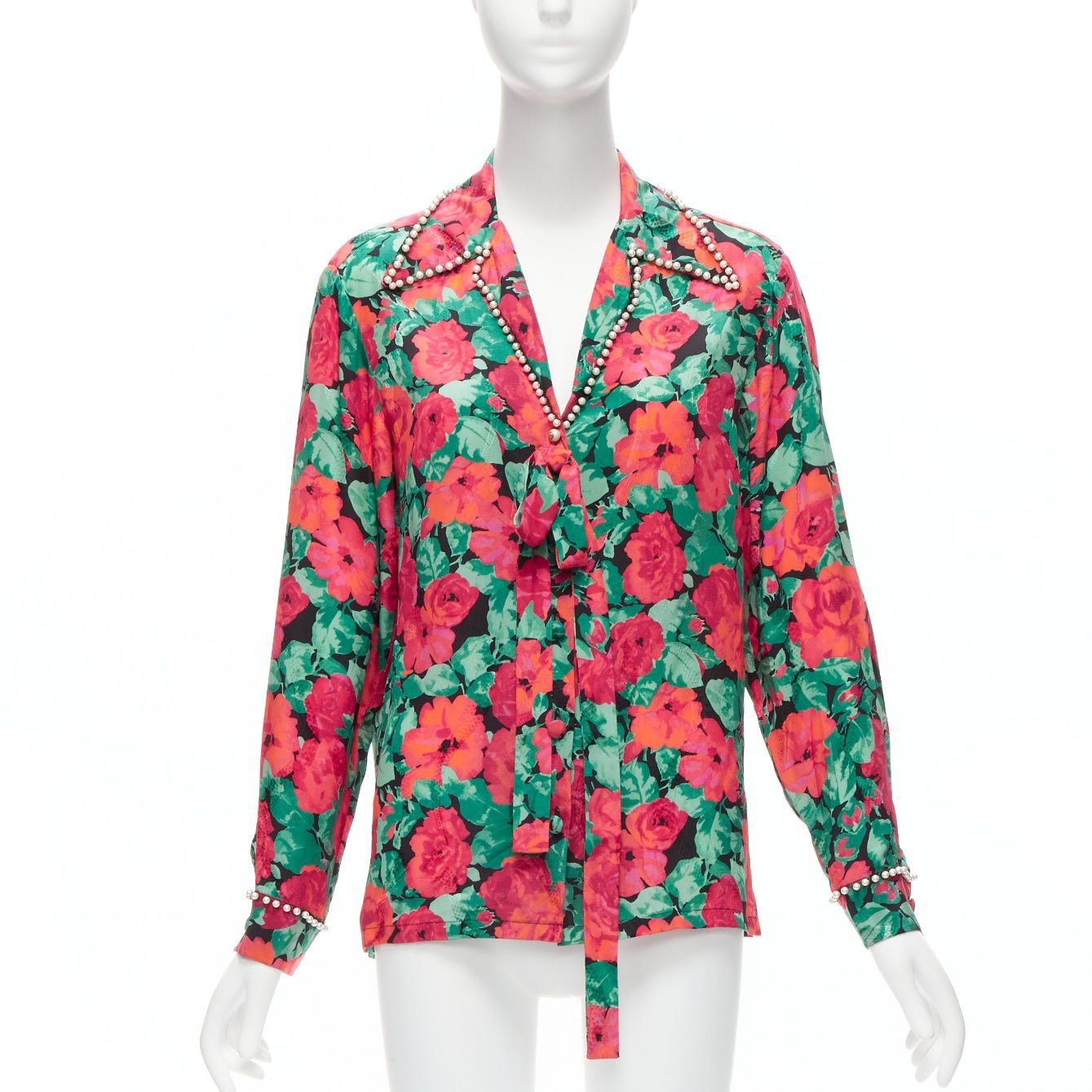 Gucci GUCCI ALESSANDRO MICHELE 2016 red green floral GG logo pearl butto bow silk shirt IT38 XS Size XS / US 0-2 / IT 36-38 - 1 Thumbnail