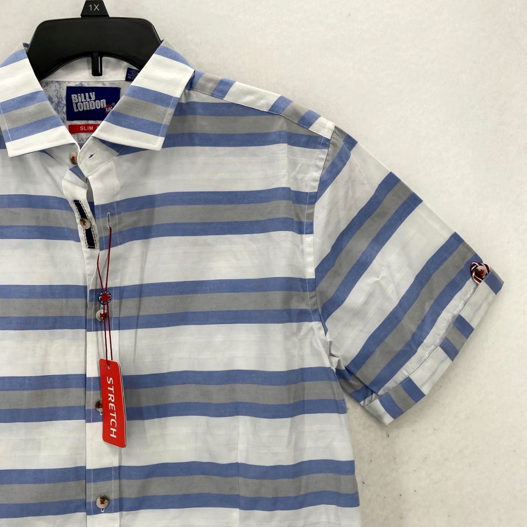 Billy London Billy London Shirt Mens Large Slim Blue Striped Short Sleeve Stretch Nautical Size US L / EU 52-54 / 3 - 2 Thumbnail