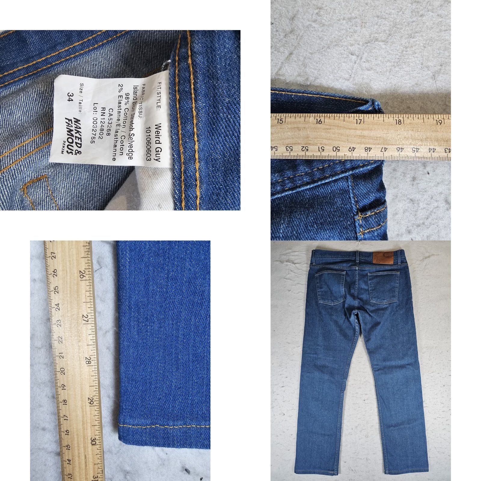 Denime Naked & Famous Weird Guy Selvedge Raw Denim Jeans Mens 34 Island Blue Stretch 34x30 Size US 34 / EU 50 - 9 Thumbnail