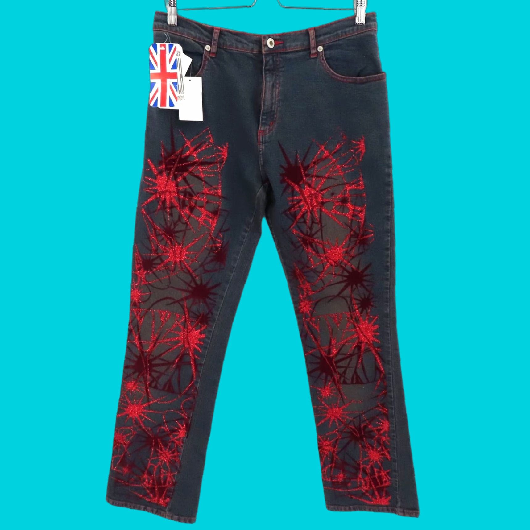 Velvet VINTAGE Amazing Jeans Jeans Womens 14 Red Glitter Velvet Splash Denim Pants 2000s NEW Size 36" / US 14 / IT 50 - 1 Thumbnail