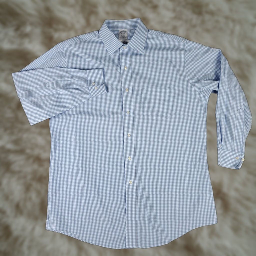 Brooks Brothers Brooks Brothers Dress Shirt Mens 16.5 Blue Gingham Long Sleeve Non-Iron Stretch Size US L / EU 52-54 / 3 - 1 Thumbnail