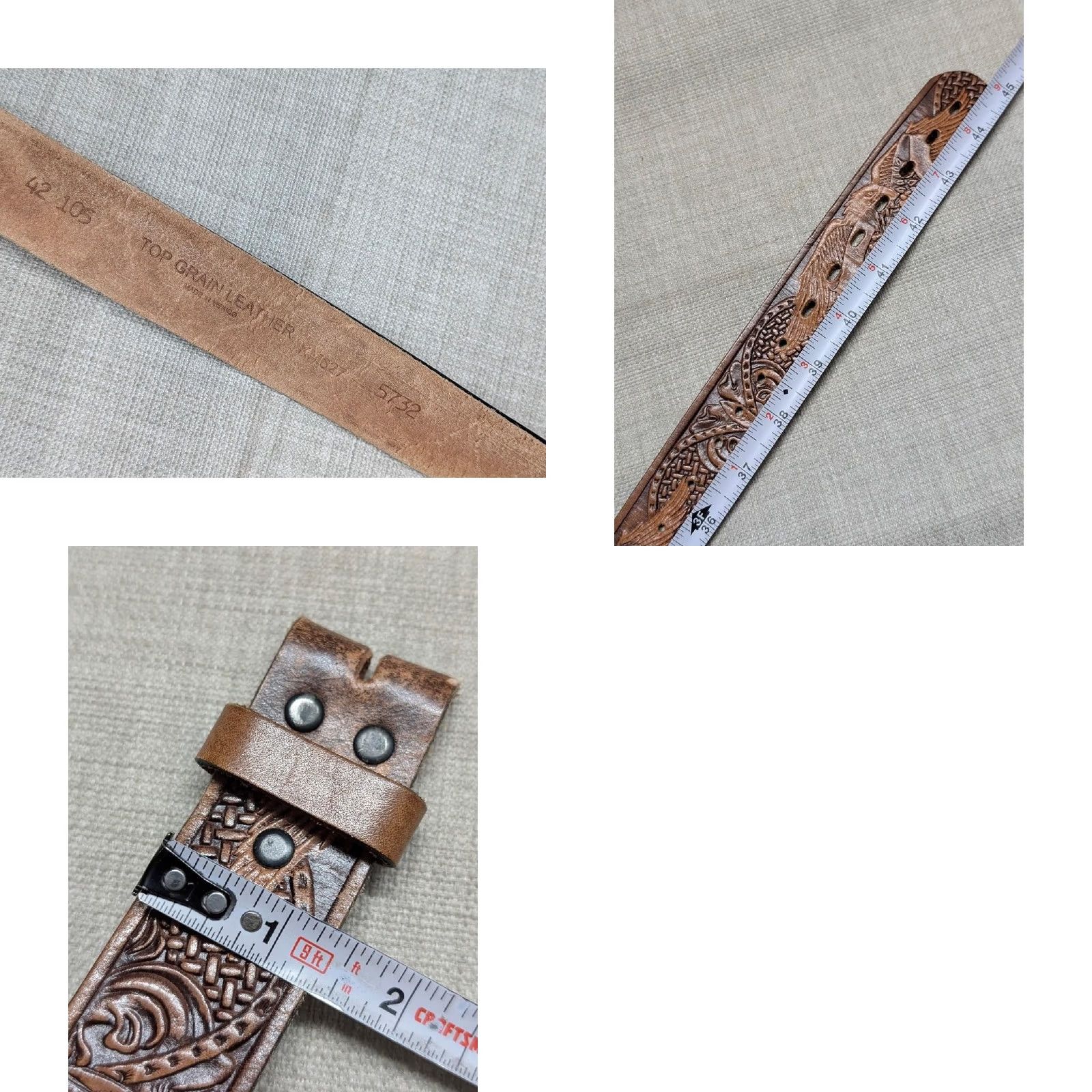 Vintage VINTAGE handcrafted western belt Tooled cowhide leather 40 America cowboy buckle snaps Harley brown Mens Belt 1-3/8" Western 40 Size 40 - 9 Thumbnail