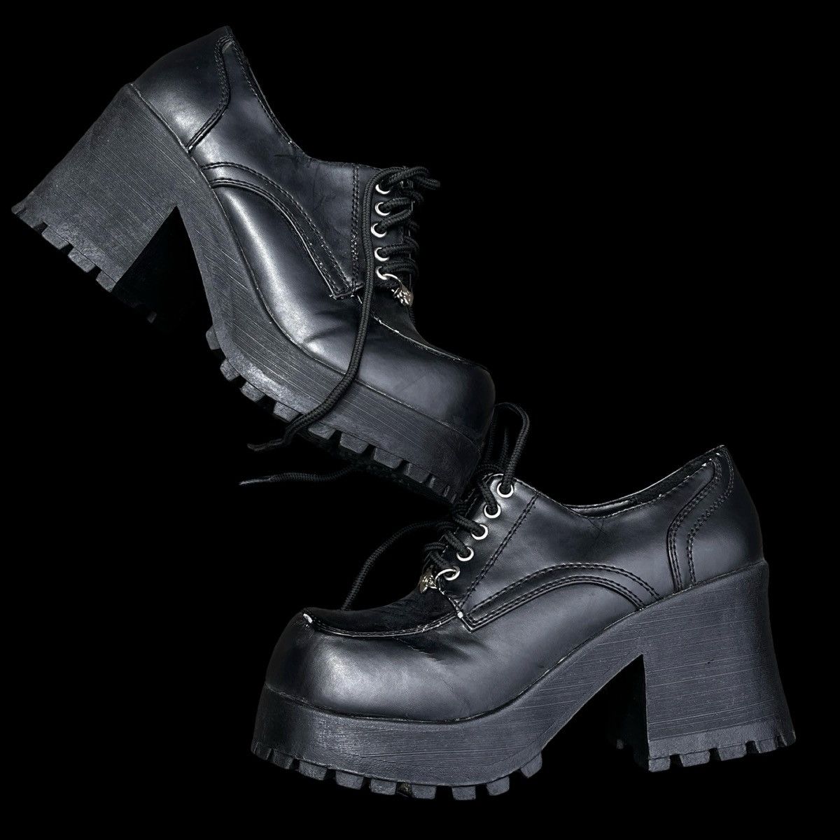 Other Vintage Black Faux Leather Platform Lace Up Boots Size US 10 / IT 40 - 2 Thumbnail