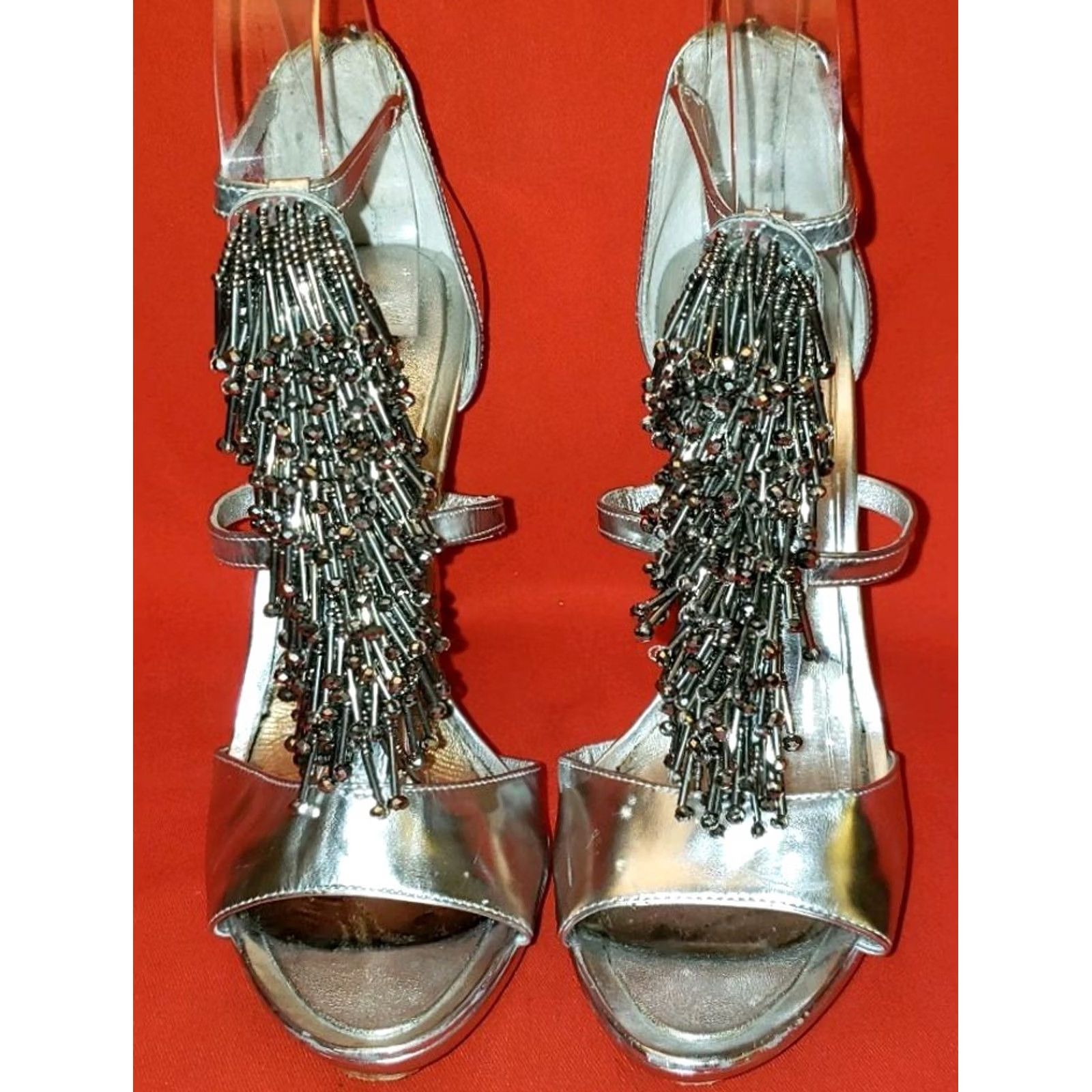 Bcbgmaxazria BCBG MAXAZRIA Pumps Womens Silver ANKLE STRAP HEEL SIZE BEADED TASSELS UPFRONT Size US 5 / IT 35 - 3 Thumbnail