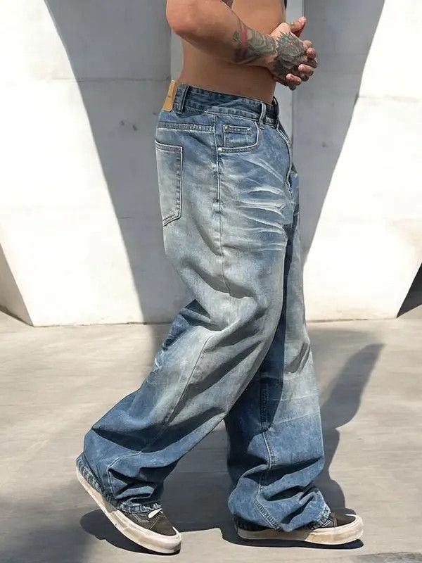 Jean Blue Washed Wide Leg Denim Jeans, Oversized Jeans Size US 32 / EU 48 - 3 Thumbnail