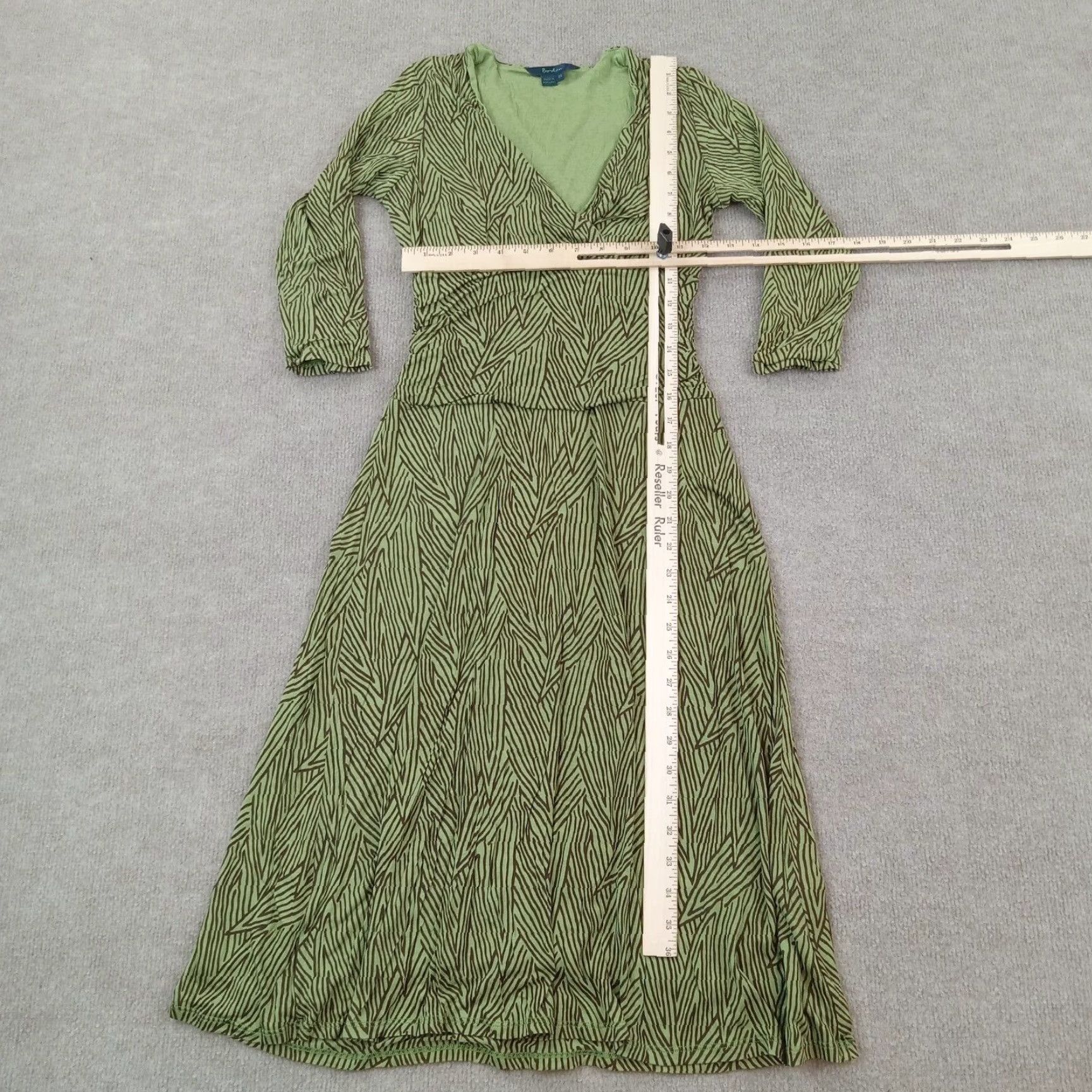 Boden Boden Dress Womens 8 Green 3/4 Sleeve V-Neck Midi Faux Wrap Knit Lyocell Geometric Casual Size M / US 6-8 / IT 42-44 - 2 Thumbnail