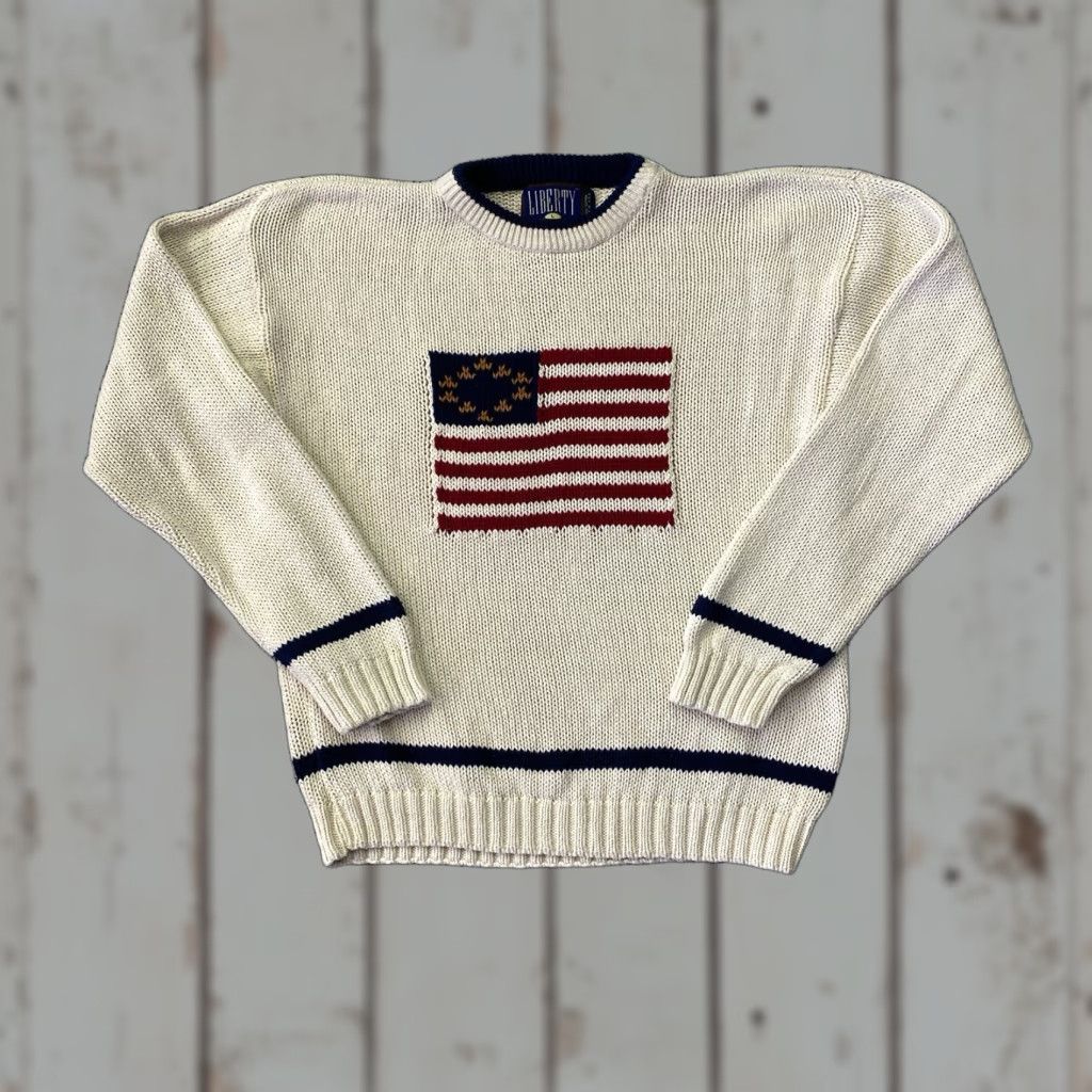 VINTAGE Liberty U.S. Flag Sweater Men’s Large Warm Knit Crew Neck Pullover