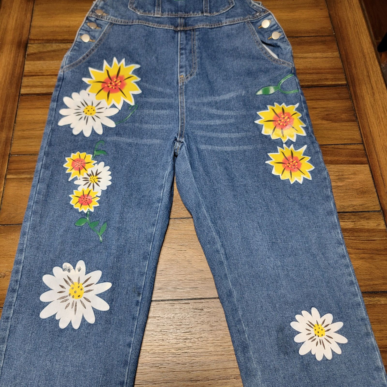Other Denim Overalls w/ Printed Painted Boho Flowers - Size Medium Size 34" / US 12 / IT 48 - 3 Thumbnail