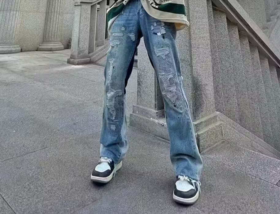 image of Vintage Ripped Straight Flare Jeans Pants Patchwork in Blue, Men's (Size 32)