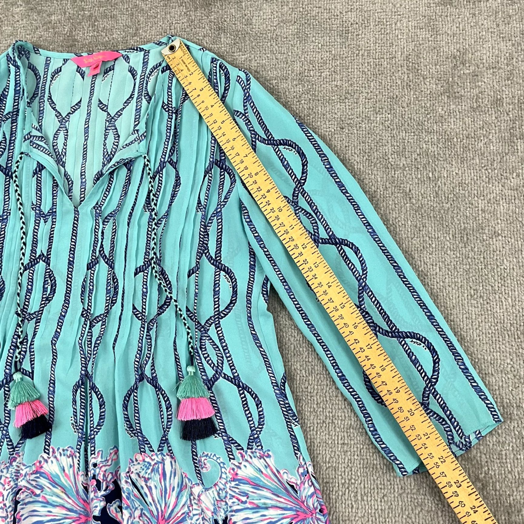 Lilly Pulitzer Lilly Pulitzer Blouse Womens XS Marlina Tunic Top Tassels Light Aqua A Frayed Size XS / US 0-2 / IT 36-38 - 4 Thumbnail