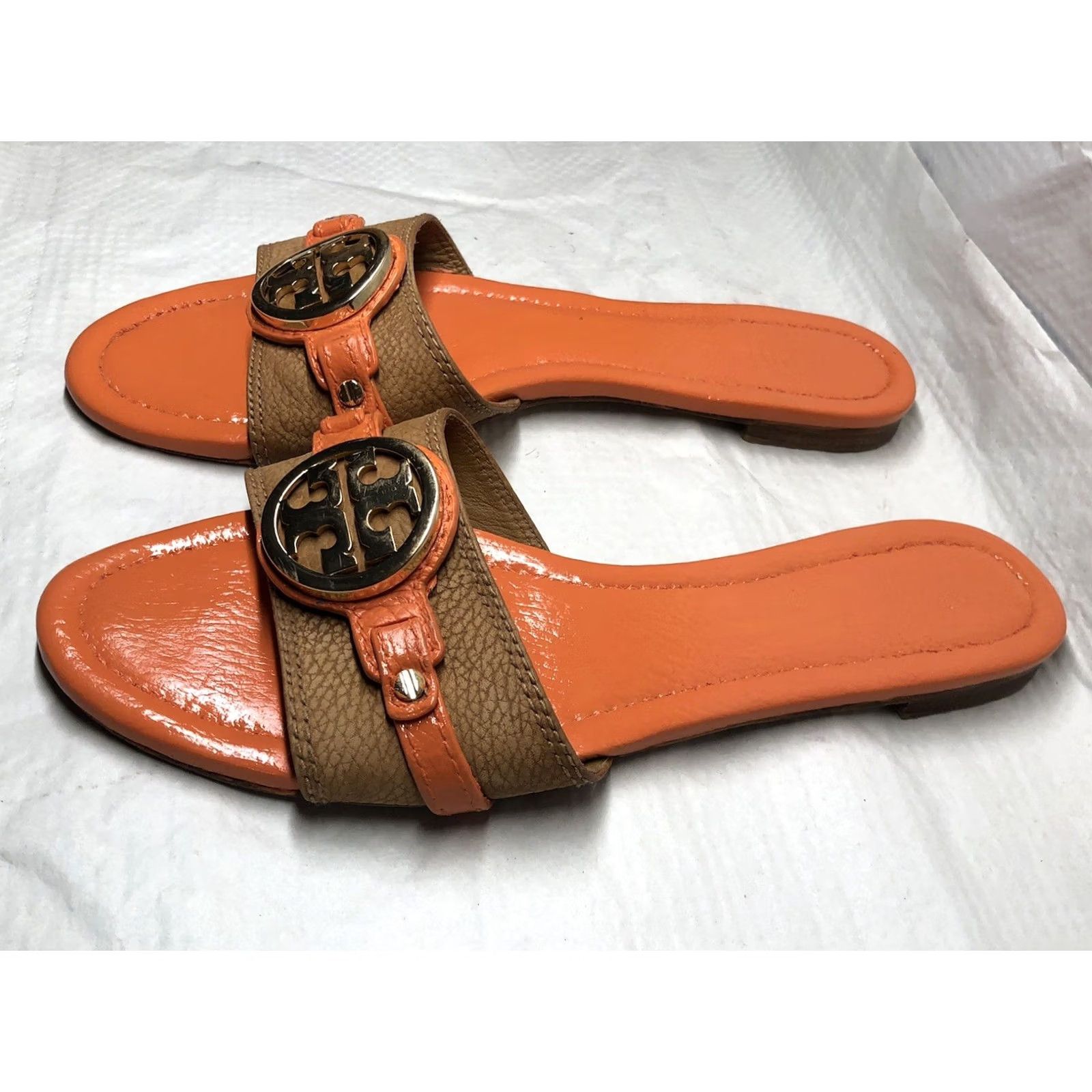 Tory Burch Tory Burch Sandal Slides Women Size 9.5 Custom Tan/Orange Logo Medallion Leather Miller Leticia Flat Slip On Size US 10 / IT 40 - 2 Thumbnail