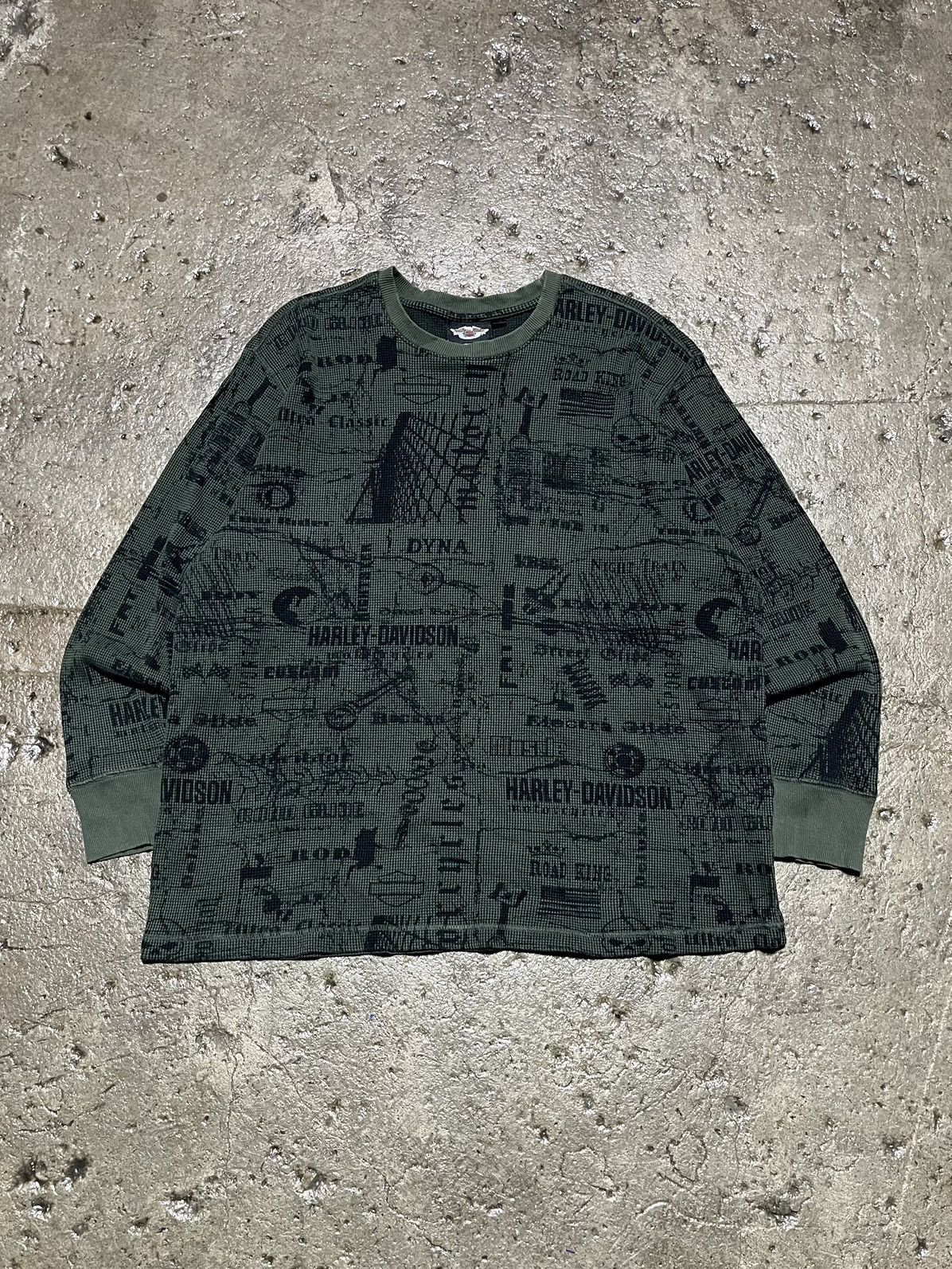 Image of Crazy Y2K Harley Davidson Thermal Grunge Skater Affliction in Green, Men's (Size 2XL)