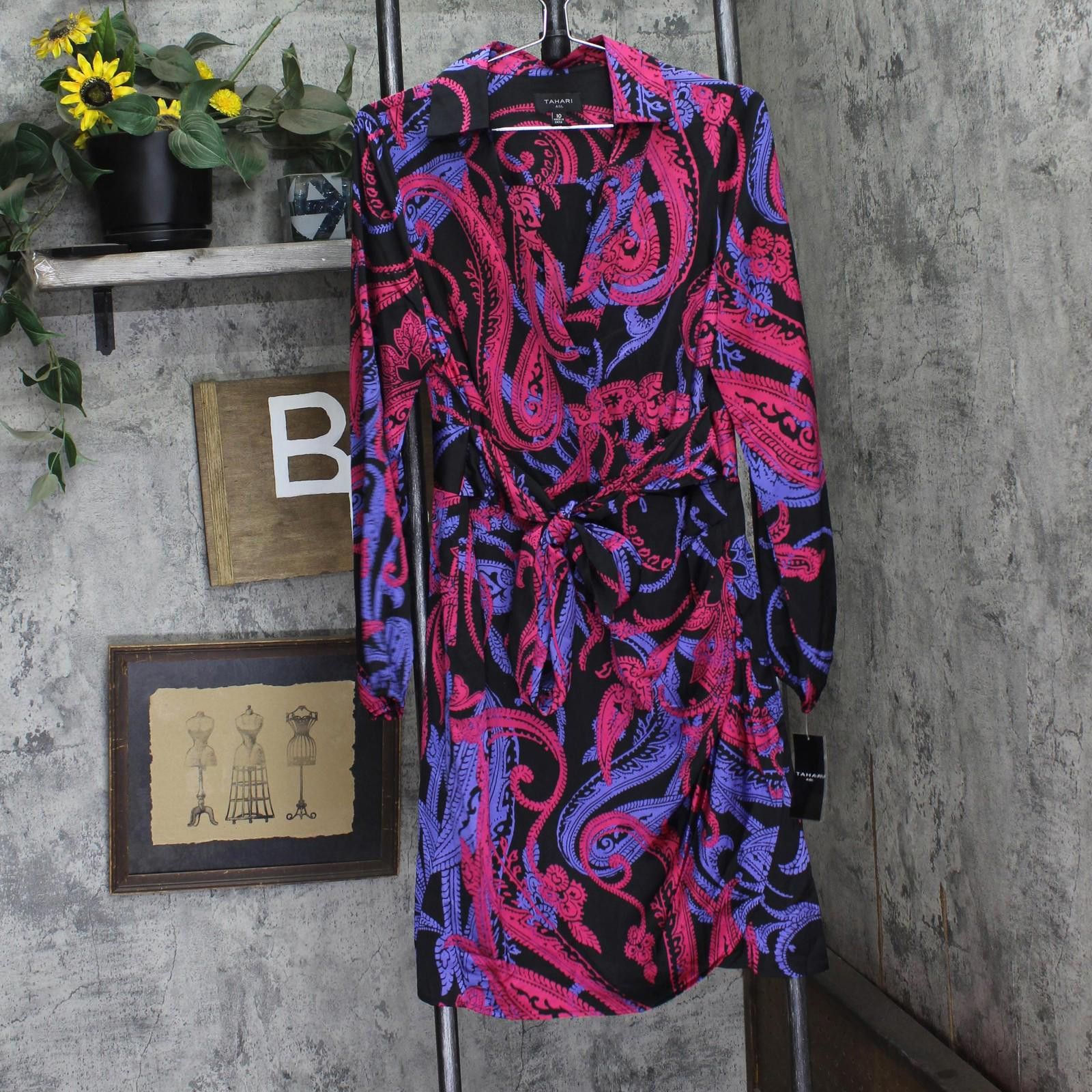 Other Nwt Tahari Asl Faux-wrap Dress Dem643-t4 Black Cobalt 10 Size L / US 10 / IT 46 - 1 Thumbnail