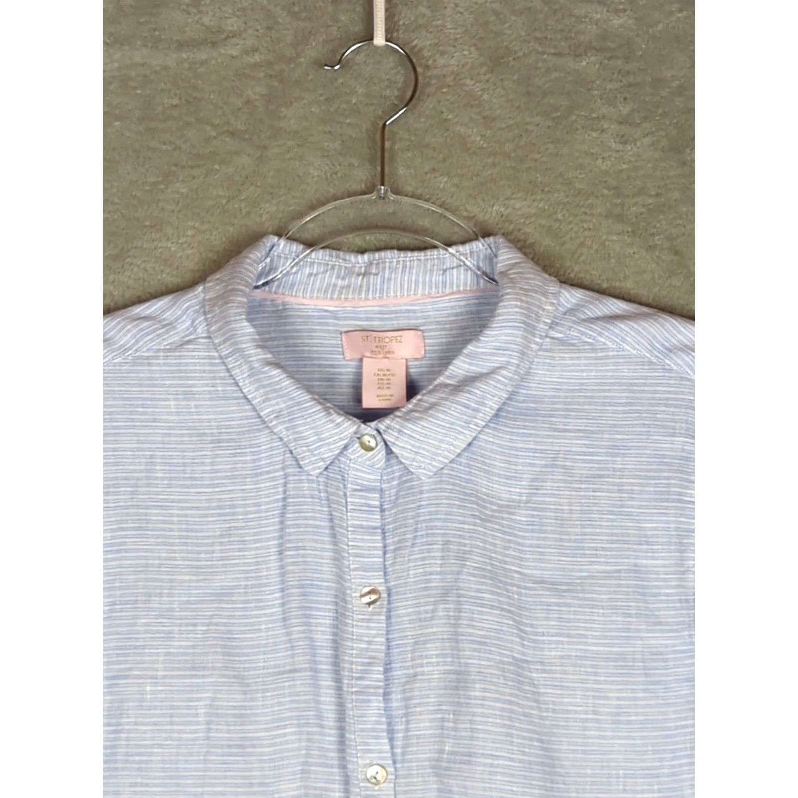 Vintage St Tropez Tunic Shirt Women XL Linen Beach Cover Up White Blue Stripe Summer Casual Button-Up Collared Beach Theme Size XL / US 12-14 / IT 48-50 - 3 Thumbnail