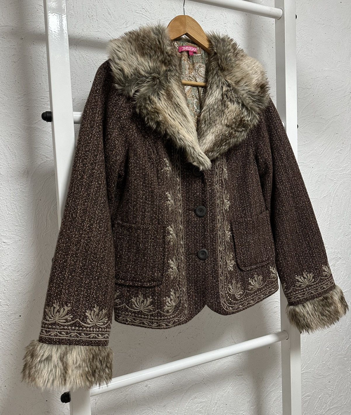 Vintage Women’s Tweed Jacket Size L Y2K 2000s Avant Garde Faux Fur Size L / US 10 / IT 46 - 3 Thumbnail