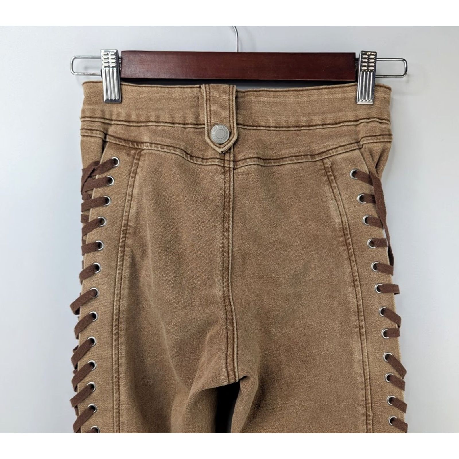 Vintage Rise Supply Co. Full Lace-up Expandable Sides Pants Y2K Western Hippie Khaki Tan 1 Denim Cotton Lyocell Polyester Teens Mens Womens Boys Girls Size 25" / US 0 / IT 36 - 7 Thumbnail