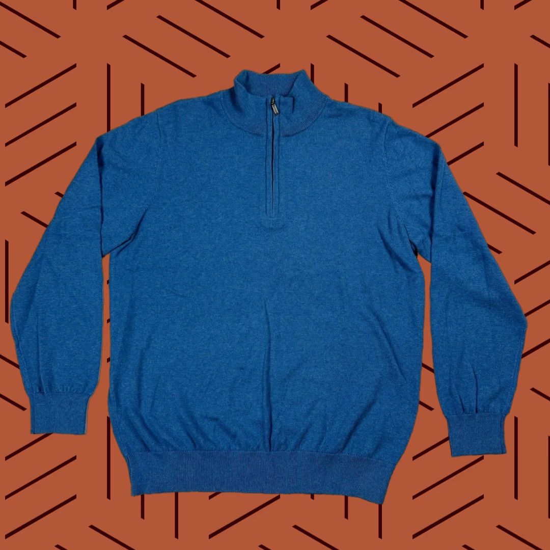 LL BEAN Sweater Mens Medium Teal Blue Cotton Cashmere Blend 1/4 Zip Mock 275298