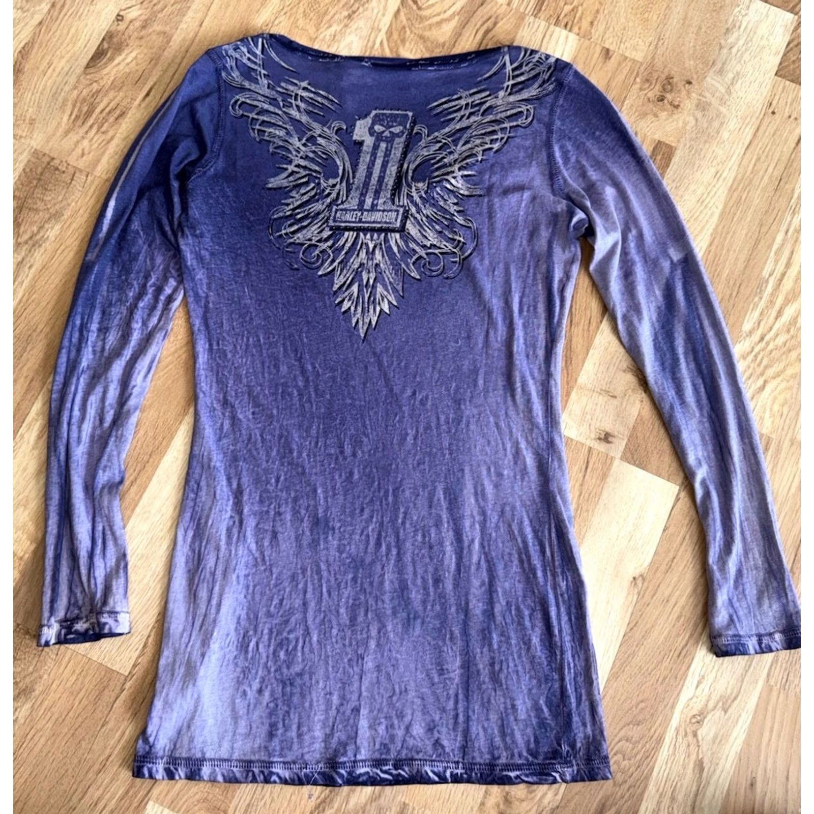 Harley Davidson VINTAGE Y2K Harley Davidson Purple Sheer Blouse Rhinestones Bling Paper Thin Long Sleeve Size S GUC Womens Size S / US 4 / IT 40 - 4 Thumbnail
