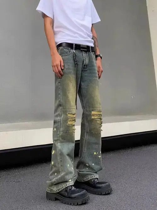 Japanese Brand Retro nostalgic washed ripped jeans with splashes of ink Size US 32 / EU 48 - 1 Thumbnail