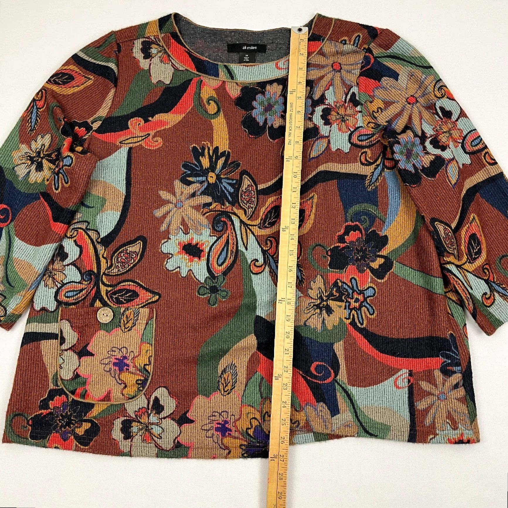 Vintage Ali Miles Blouse Womens 2X Brown Floral Abstract Knit Asymmetrical Spring Boho Shirt Women Plus Size 2X Floral Pattern 3/4 Sleeve Knit Blouse Size XXL / US 16-18 / IT 52-54 - 6 Thumbnail