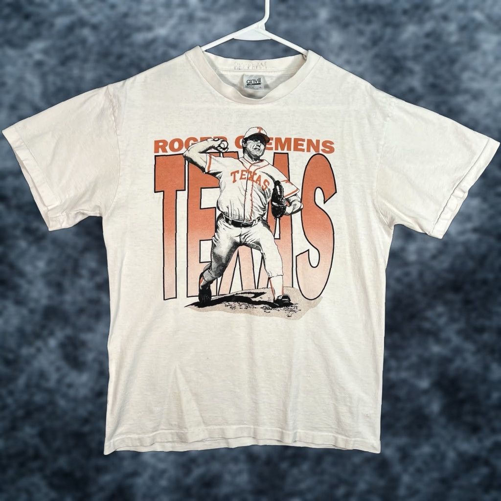 Anvil VINTAGE Roger Clemens Texas Longhorns Shirt Adult Large White Mens 1980s Graphic Tee Sportswear/Beach T Shirt Mens L White 80s Concert? Size US L / EU 52-54 / 3 - 1 Thumbnail