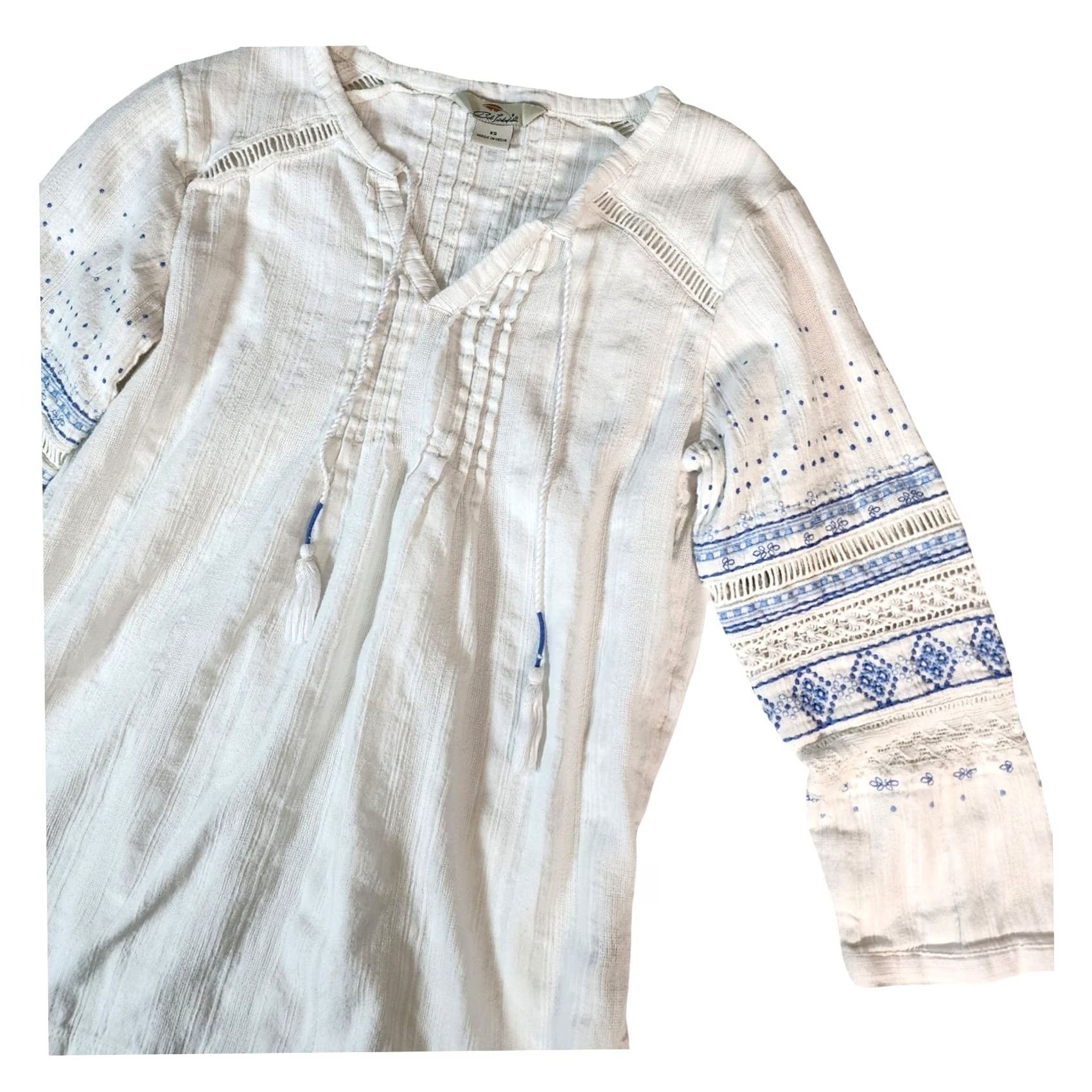 Vintage Bob Timberlake Womens XS White Blue Embroidered Cotton Gauze Peasant Blouse Size XS / US 0-2 / IT 36-38 - 2 Thumbnail