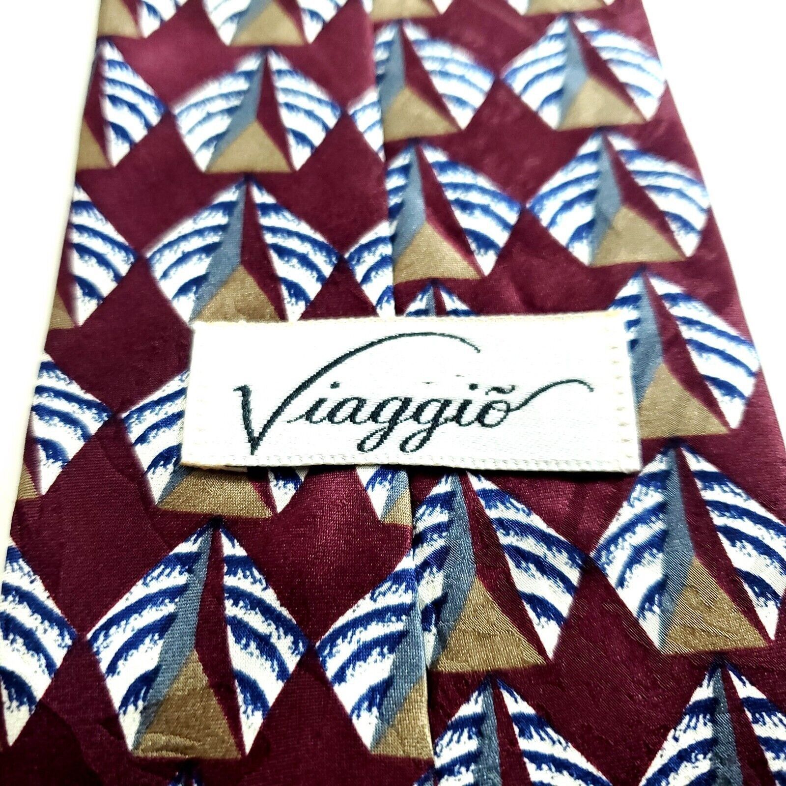 Designer Viaggio Red Tan Geometric Jacquard Print Short Silk Tie Size ONE SIZE - 3 Thumbnail