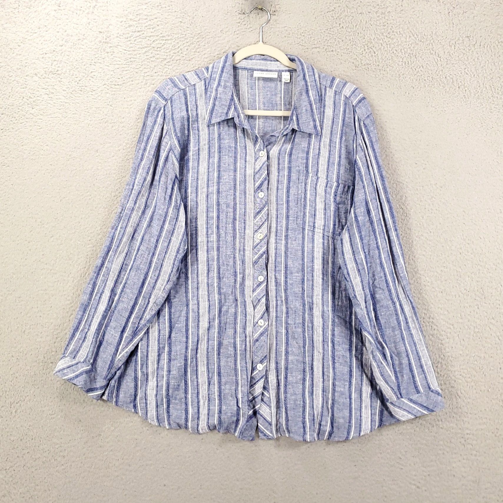 Vintage Susan Graver Linen Button Up Womens Petite XL Blue Striped Roll Tab Sleeve Size XL / US 12-14 / IT 48-50 - 2 Thumbnail