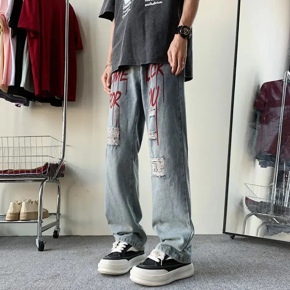 Japanese Brand Retro casual straight leg ripped jeans Size US 32 / EU 48 - 4 Thumbnail