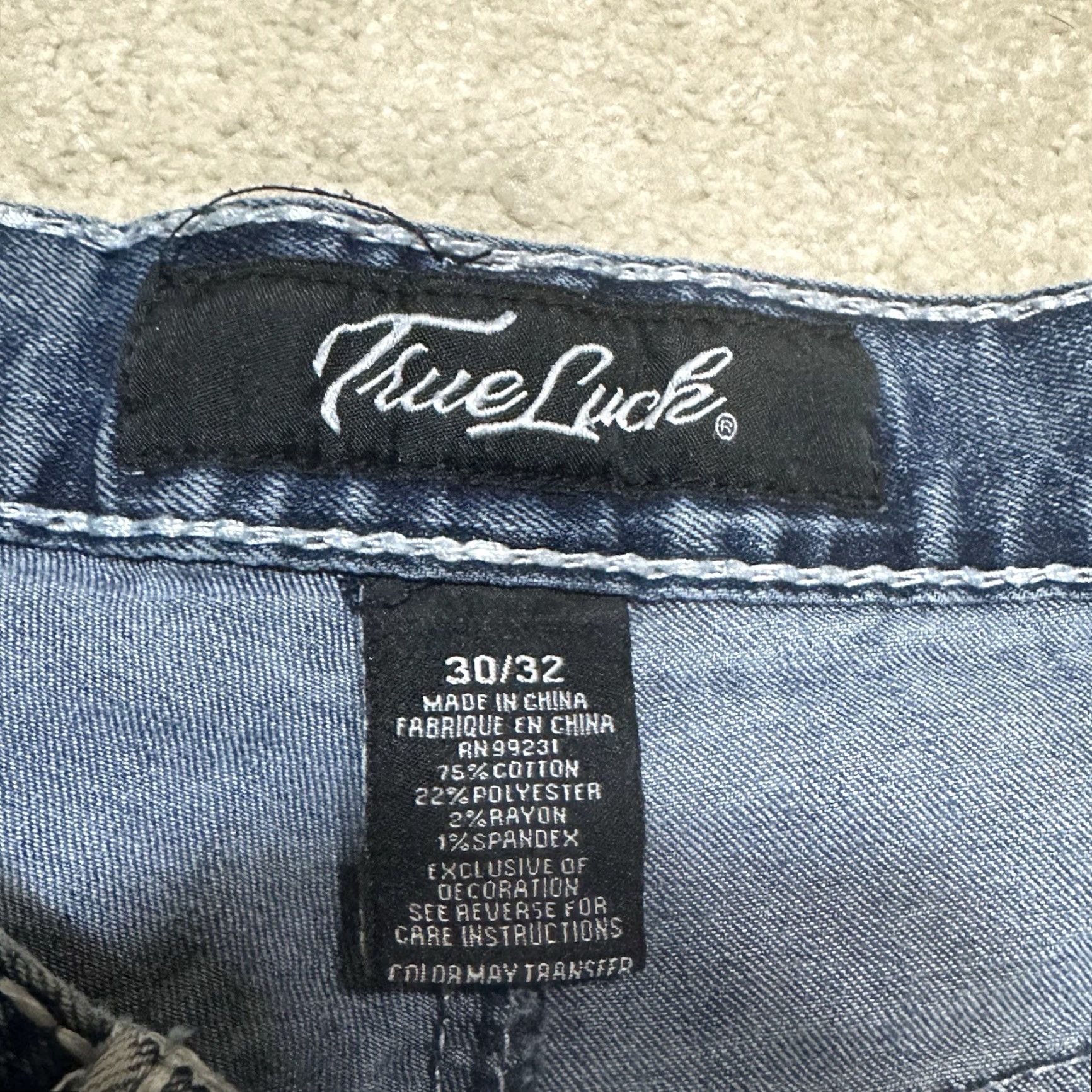 Vintage True Luck Jeans Mens 30X32 Straight Blue Stretch Denim 5-Pocket Regular Rise Distressed Cowboy Logo USA Size US 30 / EU 46 - 7 Thumbnail
