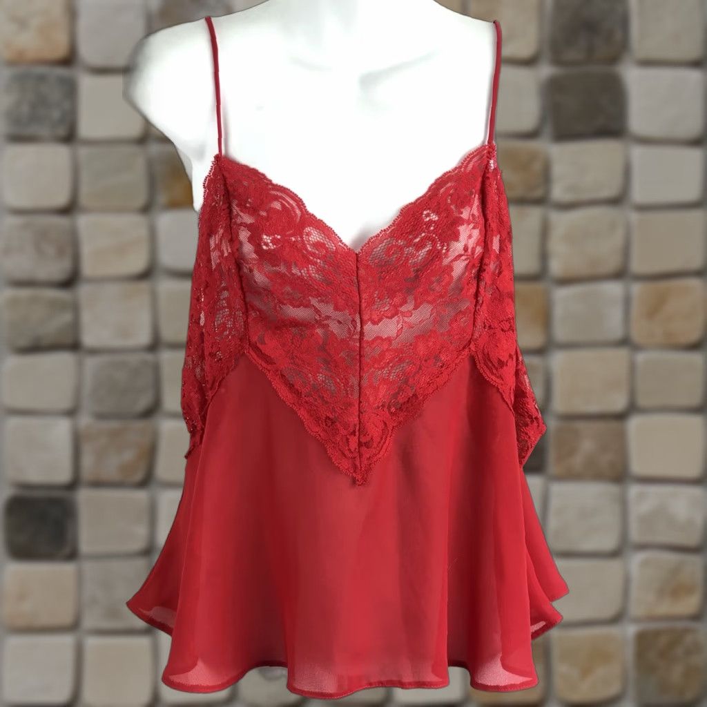 Vintage VINTAGE Camisole Lingerie Red Lace Sweetheart V-Neck 1970s L Fairy Whimsgoth Size ONE SIZE - 1 Thumbnail
