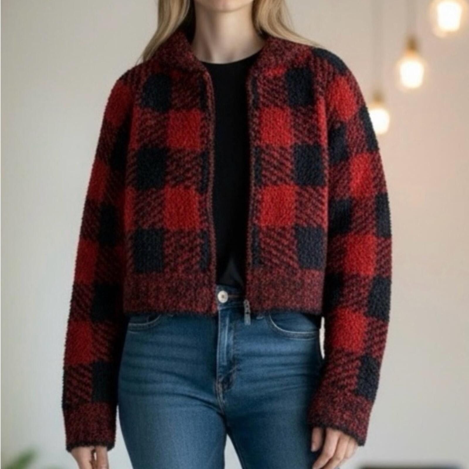 Swims SKIMS Red and Black Plaid Zip-Up Cozy Jacket Size L / US 10 / IT 46 - 2 Thumbnail