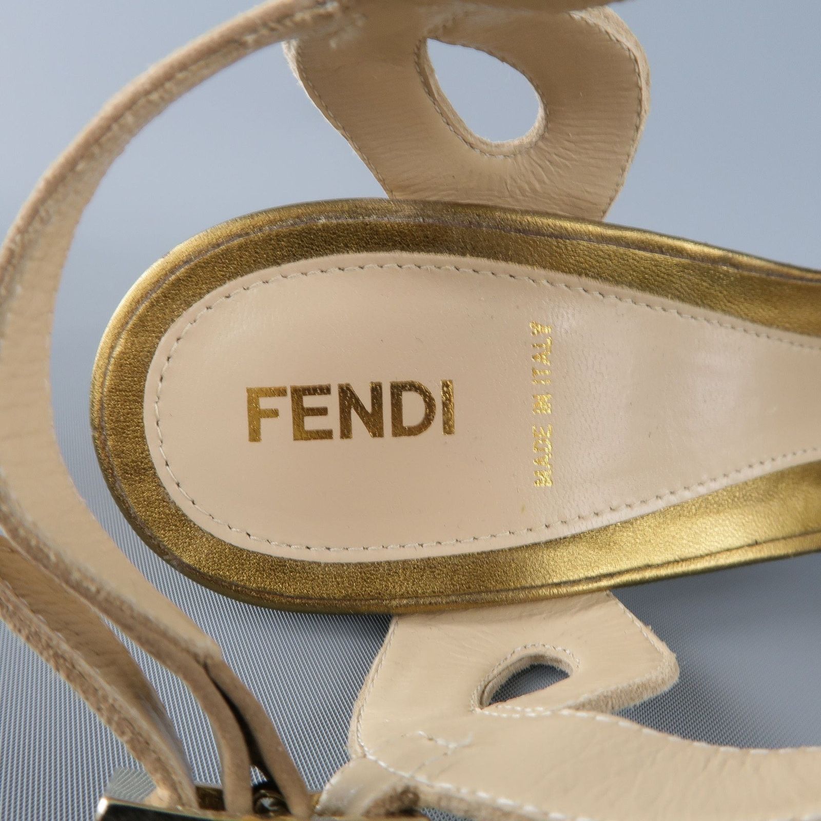 Fendi Size 9 Taupe Suede Metallic Gold Leather Peep Toe Platform Size US 9 / IT 39 - 8 Thumbnail