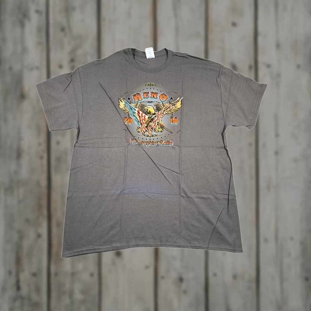 Gildan Mens XL Gray T Shirt Double Side Graphic Eagle Reno Motorcycle Rally 2014 Y2K Size US XL / EU 56 / 4 - 1 Thumbnail