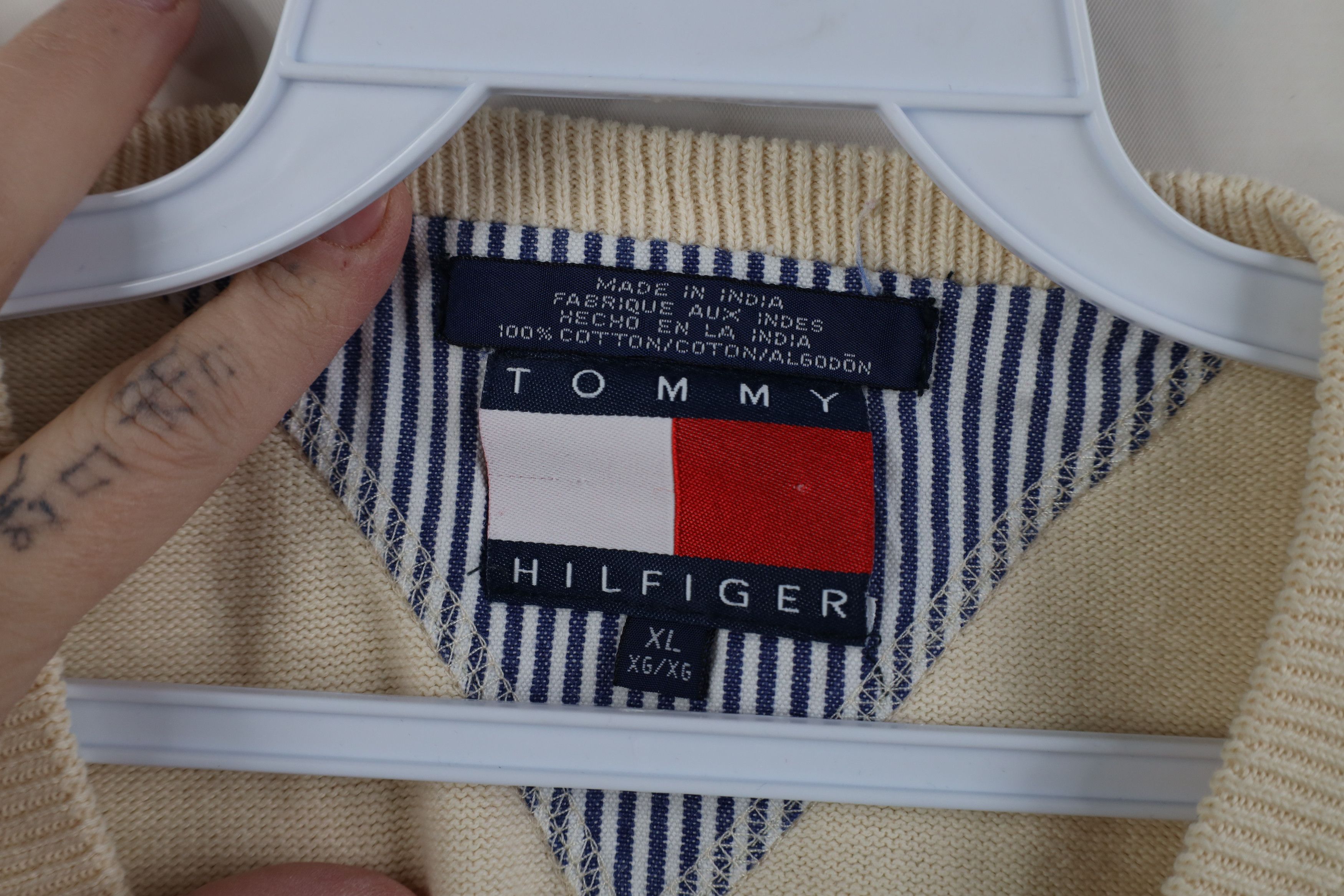 Tommy Hilfiger Vintage 90s Tommy Hilfiger Knit V-Neck Sweater Vest Beige Size US XL / EU 56 / 4 - 8 Thumbnail