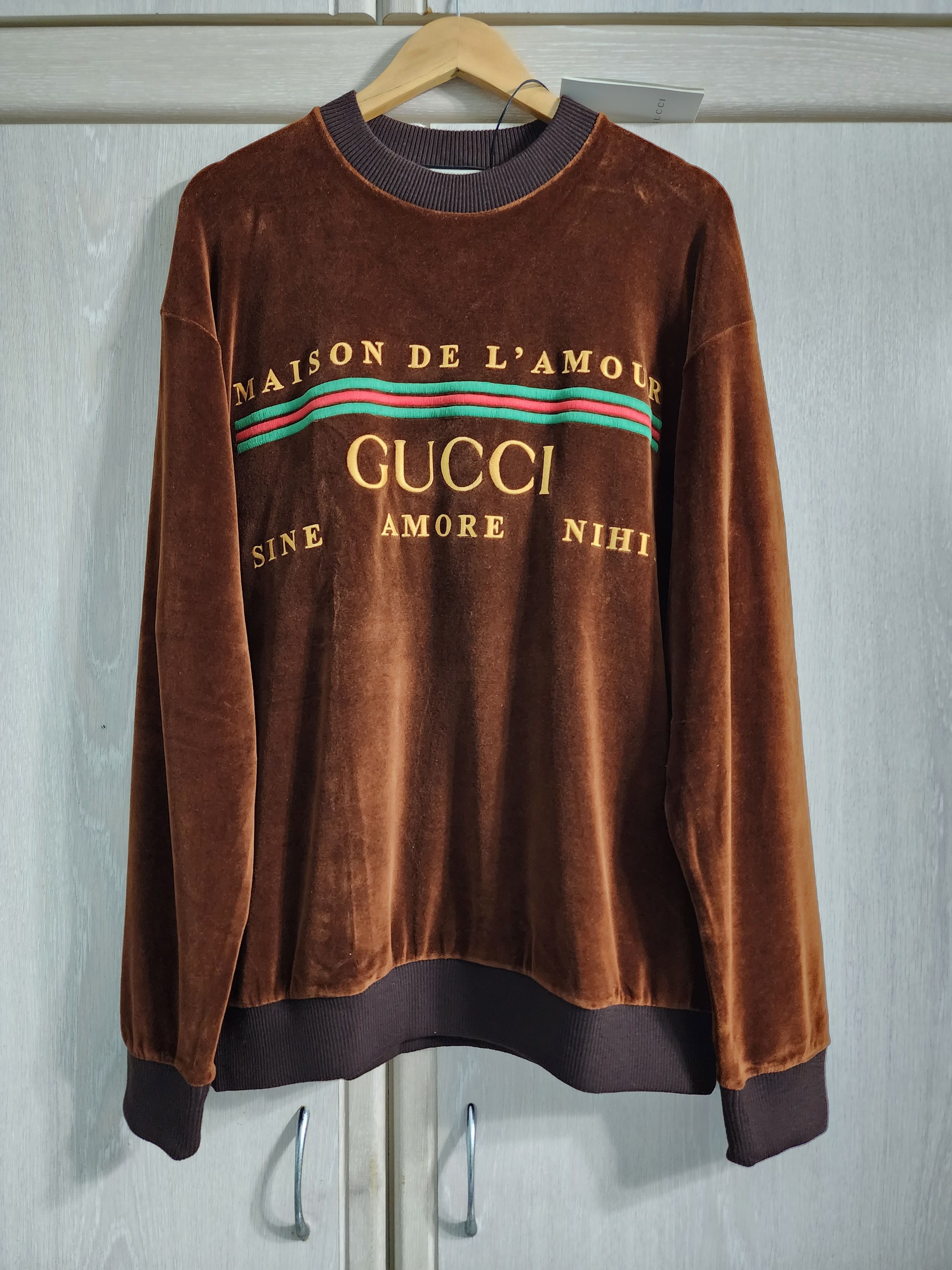 image of Gucci Logo Embroidered Velour Chenille Sweatshirt in Brown, Men's (Size 2XL)