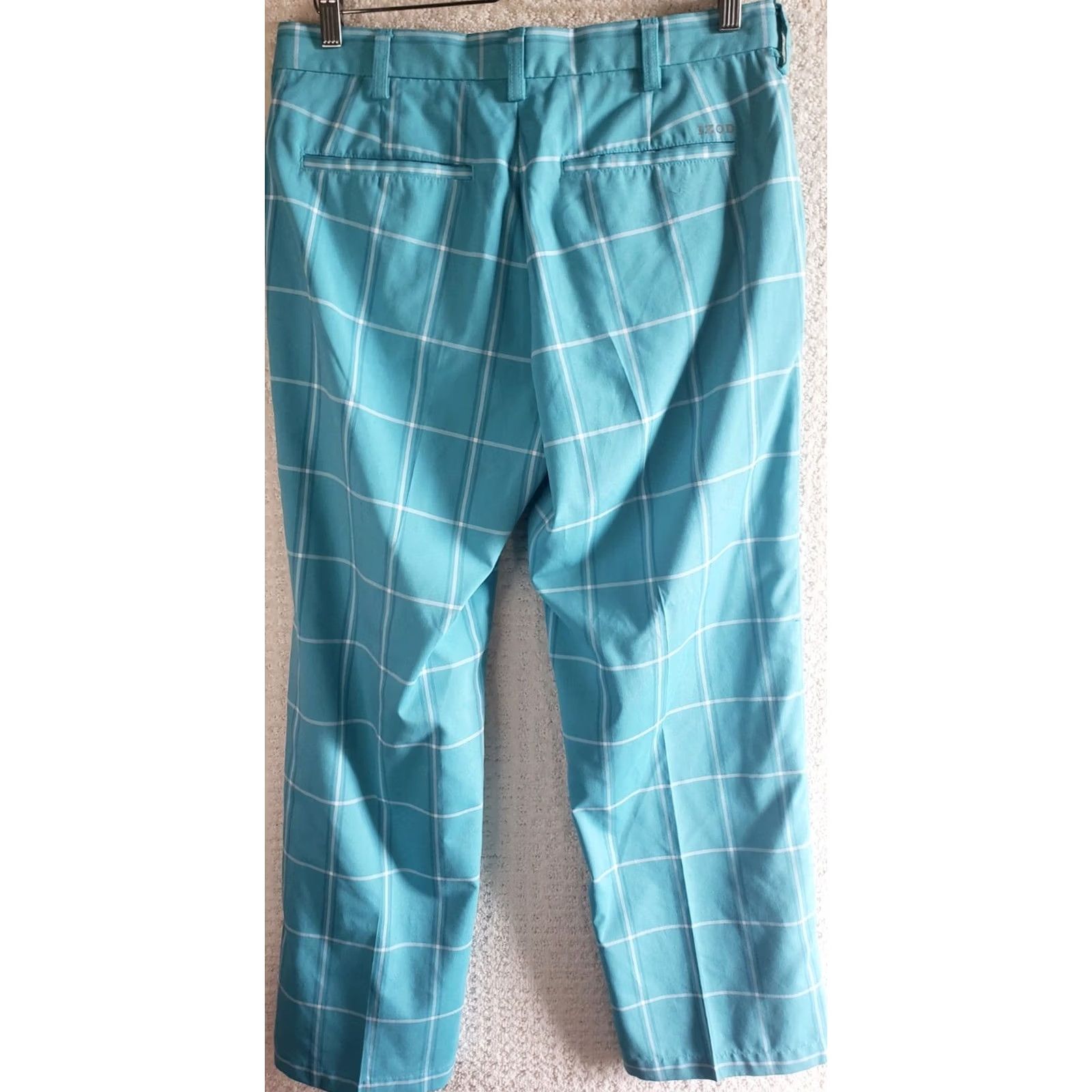 Izod Izod Golf Pants Men 32x30 Teal Blue-White Check Stretch Microfiber Slimming Pockets Zip Flat Front Regular Inseam 30" Machine Washable Size US 32 / EU 48 - 7 Thumbnail