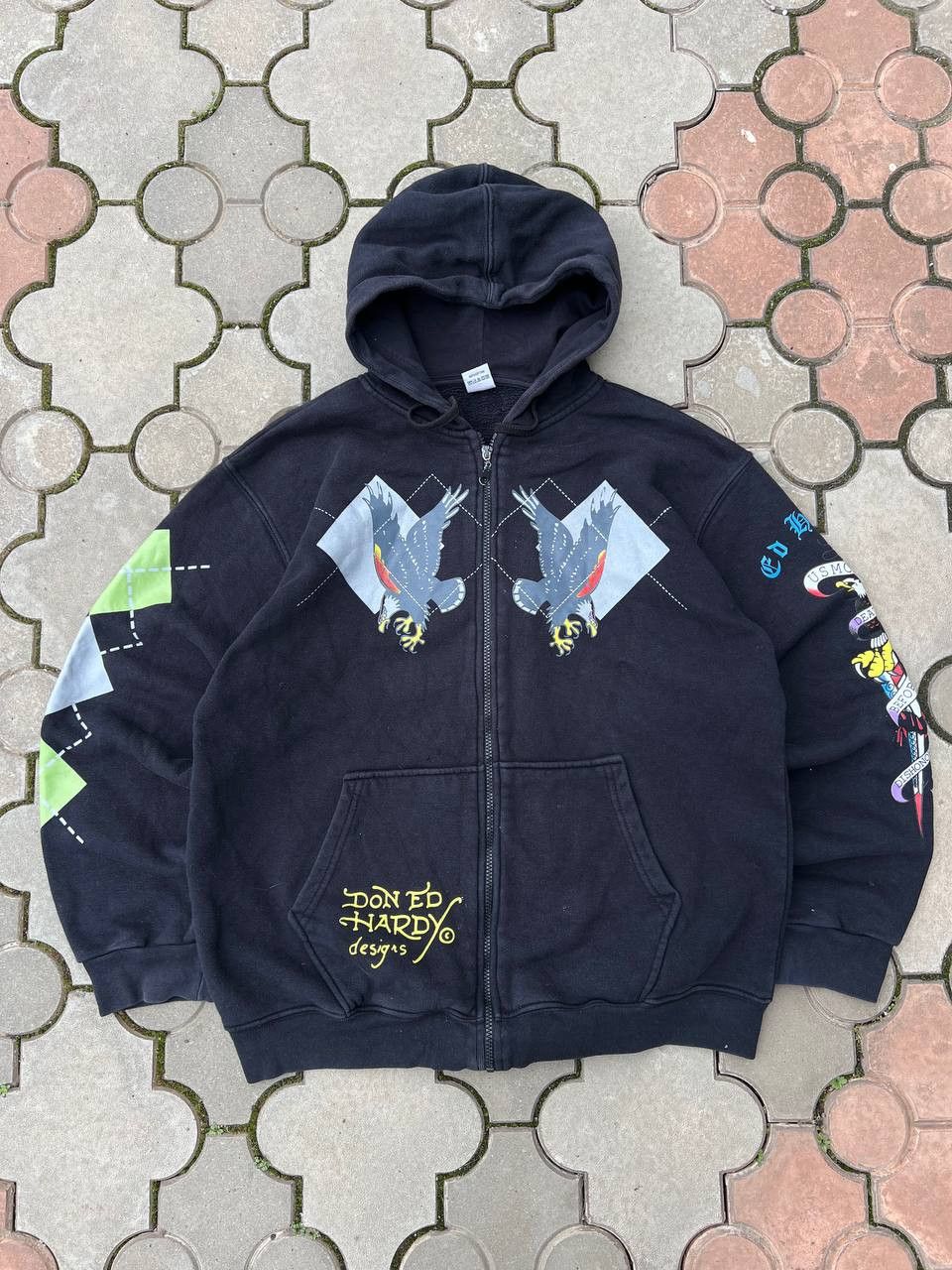 Vintage Ed Hardy All Over Print Zip Hoodie Y2K USA