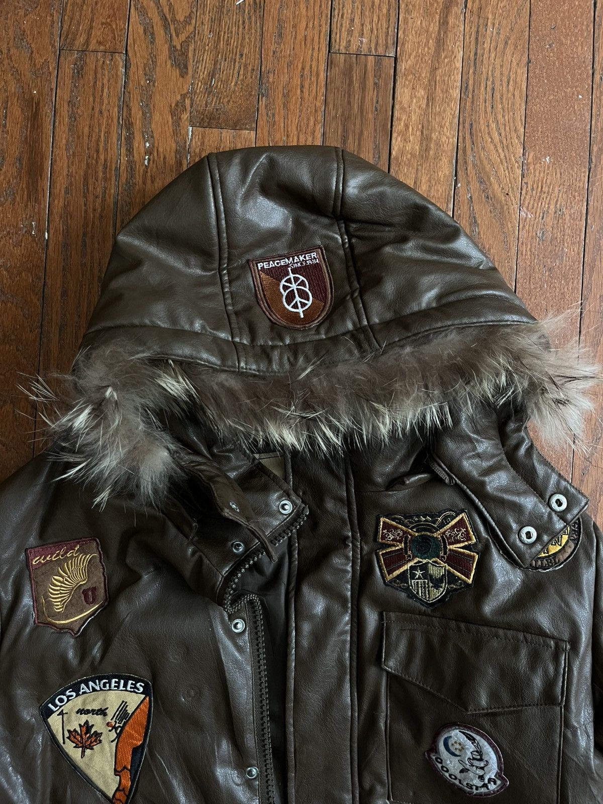Japanese Brand Brown leather bomber/parka fur, patches Size US M / EU 48-50 / 2 - 9 Thumbnail