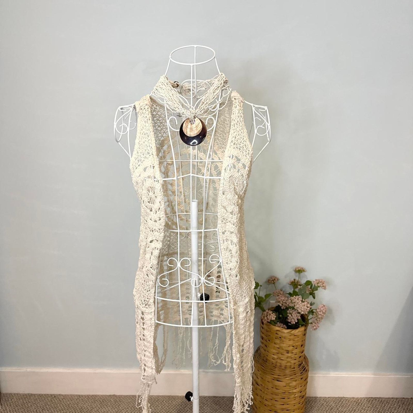 American Rag Cream vintage sheer embroidered lace vest crochet duster Size S / US 4 / IT 40 - 1 Thumbnail
